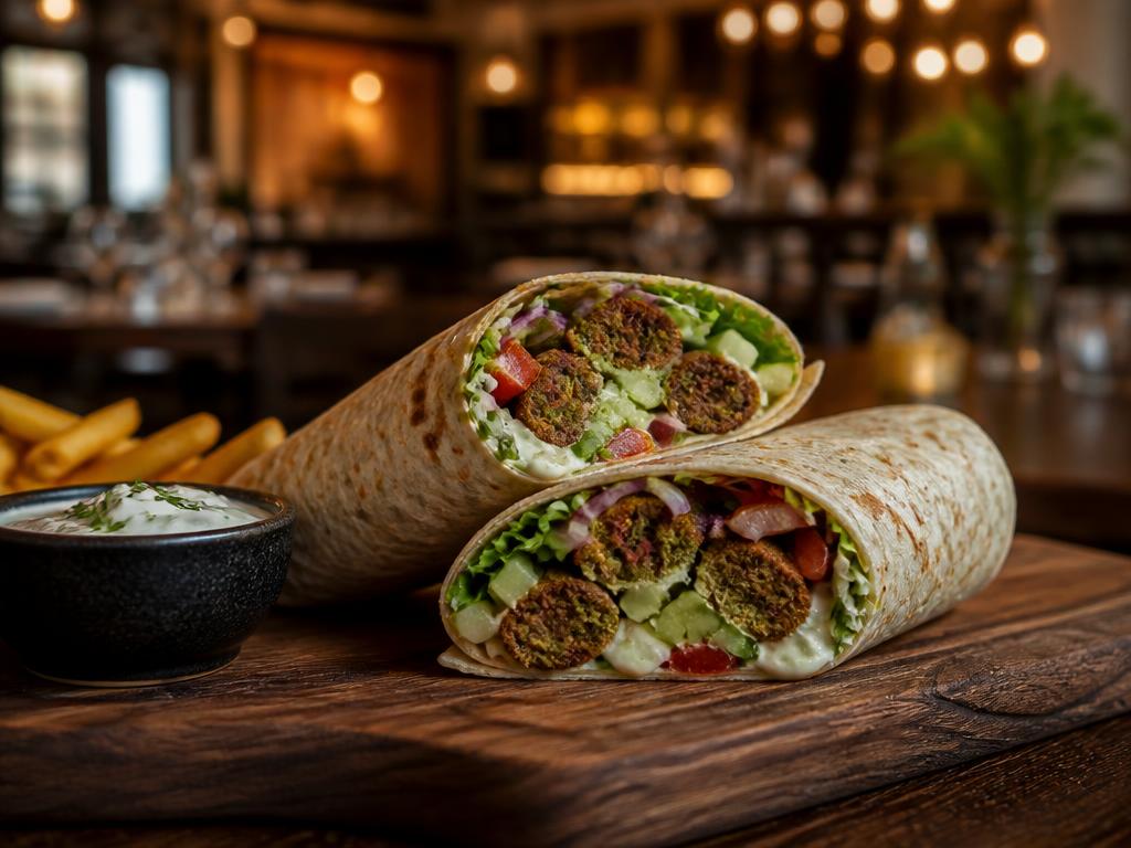 Falafelrulla – Falafel, salaatti, tomaatti, kurkku, sipuli, kastike.