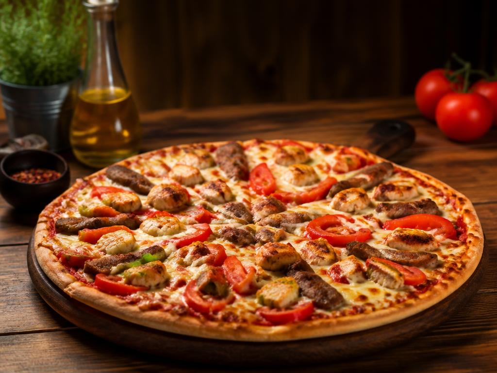Halal Pizza – Tomaattikastike, mozzarella, kana, kebab, tomaatti, paprika.