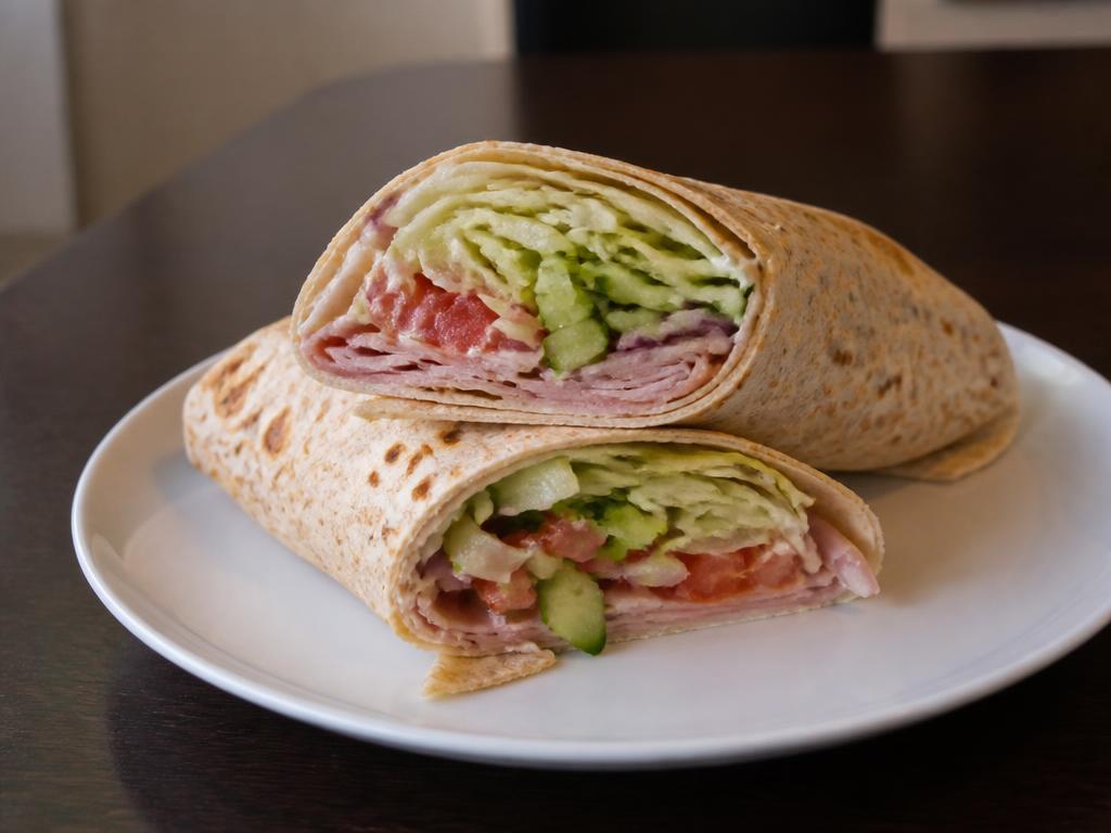 Kinkkurulla – Kinkku, salaatti, tomaatti, kurkku, sipuli, kastike.