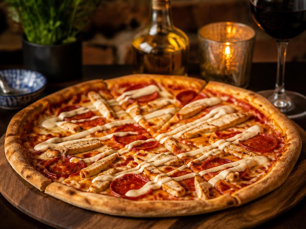 Hot Pizza – Tomaattikastike, mozzarella, kana, pepperoni, valkosipulikastike.