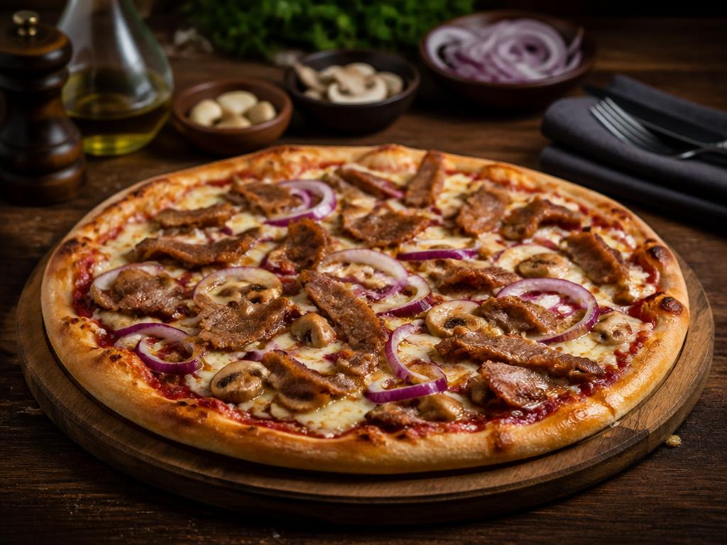 Kebab Pizza – Tomaattikastike, mozzarella, kebab, sipuli, valkosipuli, herkkusienet.