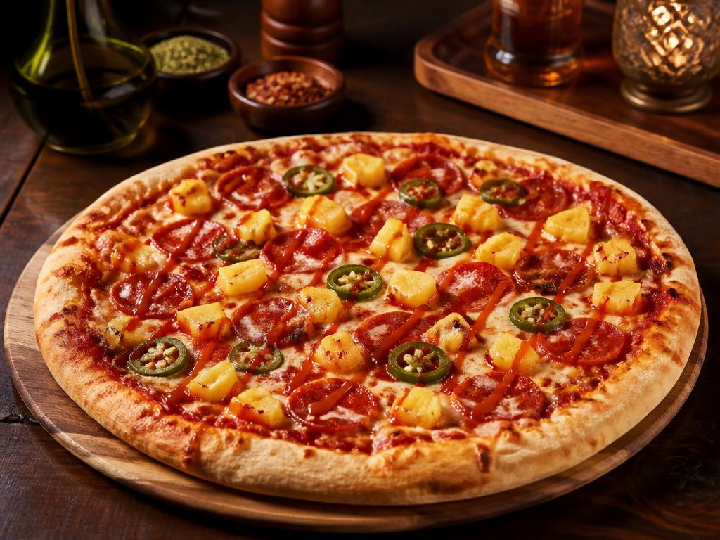 Mexicana – Tomaattikastike, mozzarella, pepperoni, jalapeño, ananas, chilikastike.