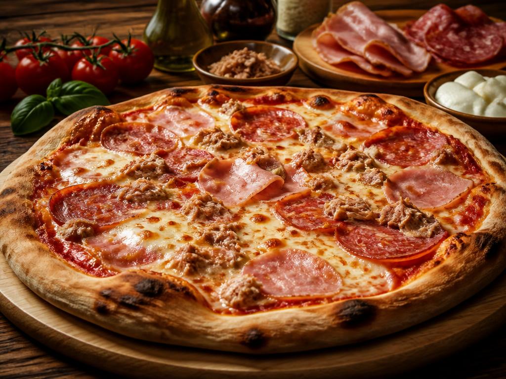 Opera Special – Tomaattikastike, mozzarella, kinkku, tonnikala, salami.