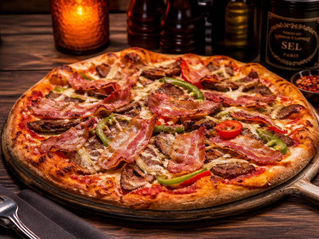 Pekonipizza – Tomaattikastike, mozzarella, pekoni, kebab, sipuli, paprika.