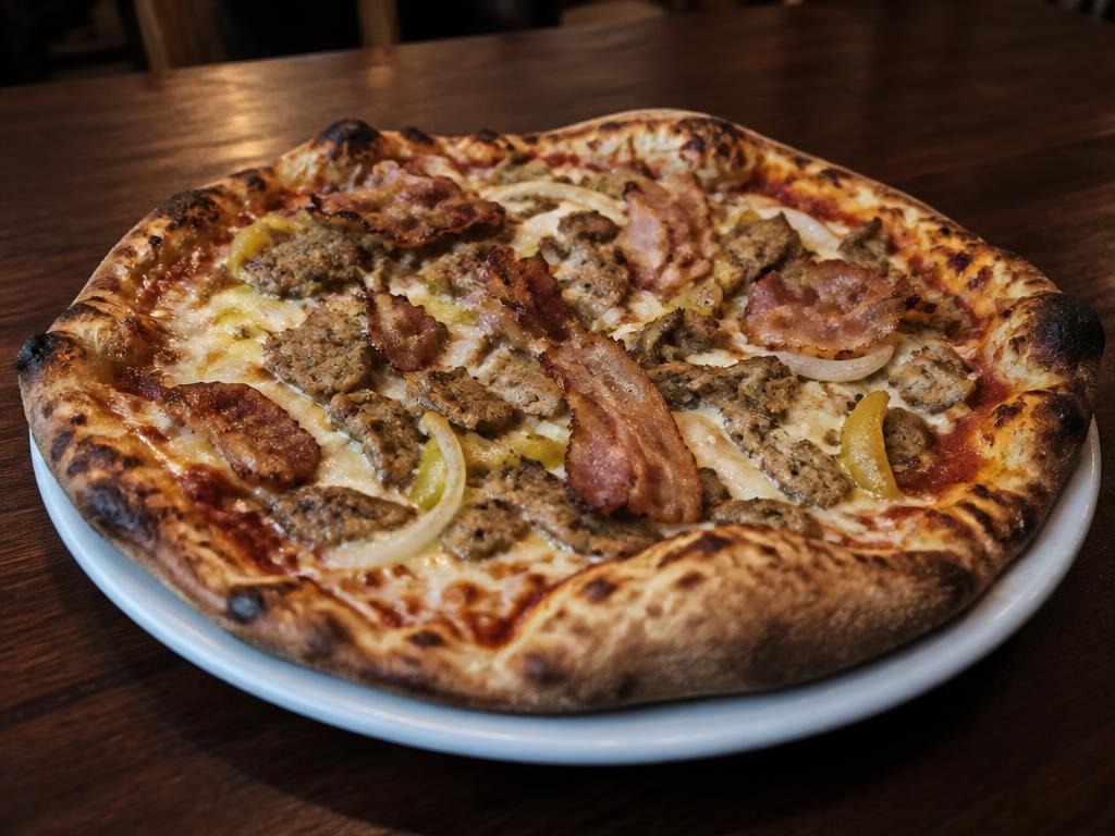 Pekonipizza – Tomaattikastike, mozzarella, pekoni, kebab, sipuli, paprika.
