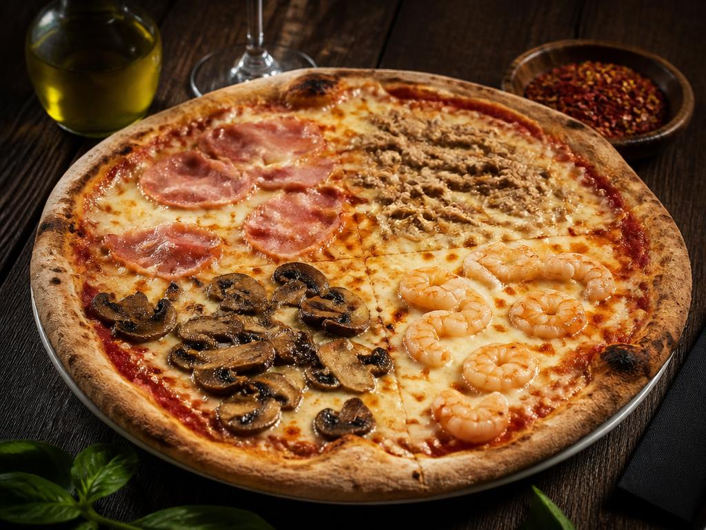 Quattro Stagioni – Tomaattikastike, mozzarella, kinkku, tonnikala, katkarapu, herkkusienet.