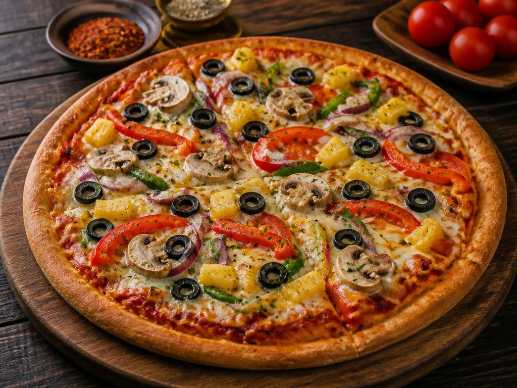 Vegetariana – Tomaattikastike, mozzarella, herkkusienet, tomaatti, sipuli, paprika, oliivit, ananas.