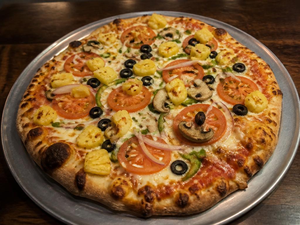 Vegetariana – Tomaattikastike, mozzarella, herkkusienet, tomaatti, sipuli, paprika, oliivit, ananas.
